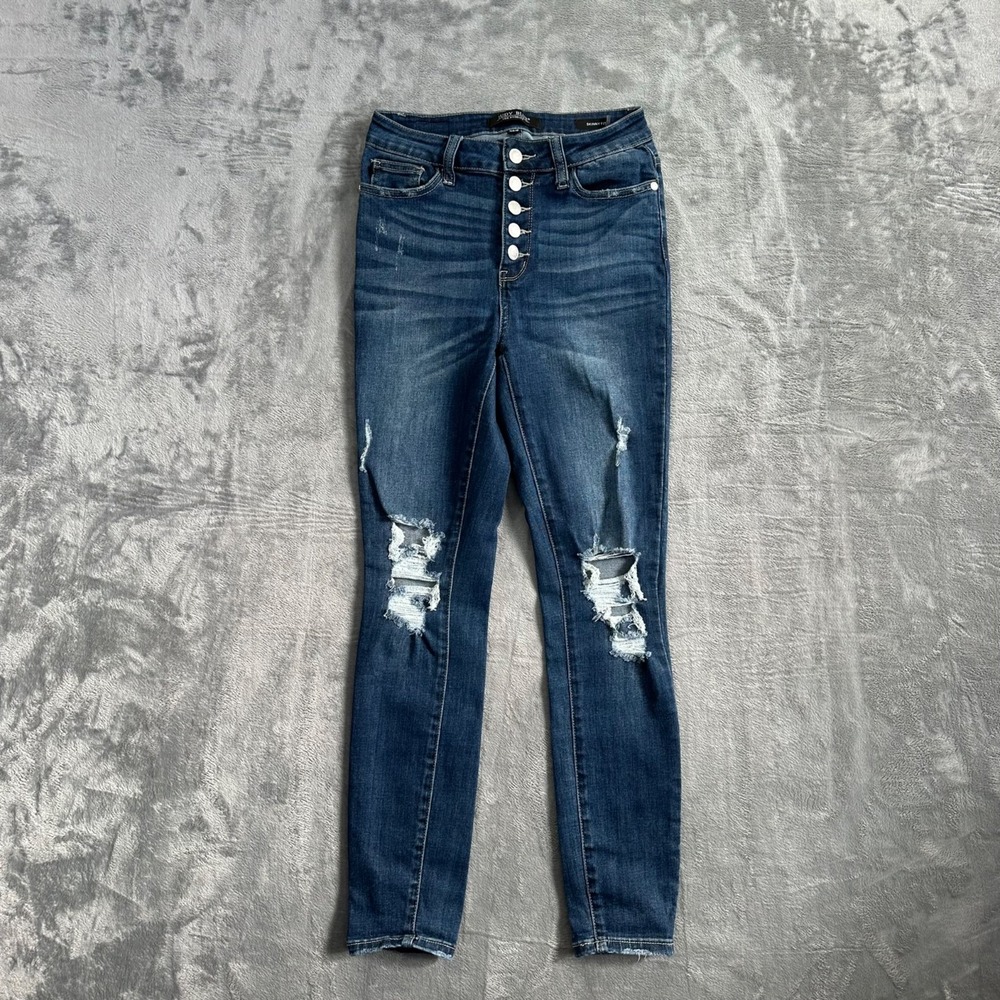 Judy Blue Skinny Jeans Women's Size 1/25 Dark Blue Distressed Button Fly Denim